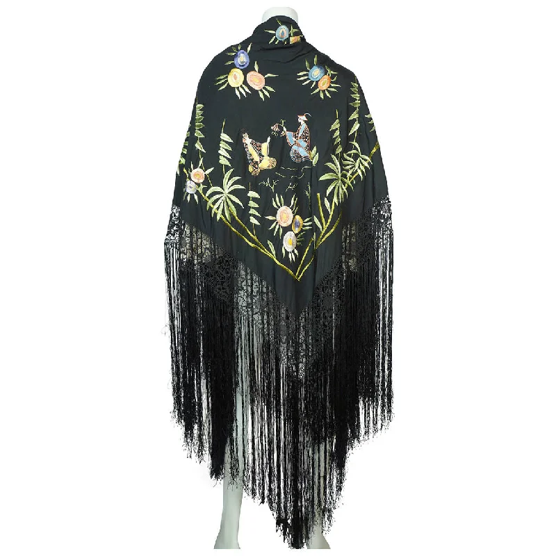 Art Deco Chinese Canton Silk Embroidered Shawl People w Floral Embroidery As Is Luxurious Cashmere Shawl Wrap