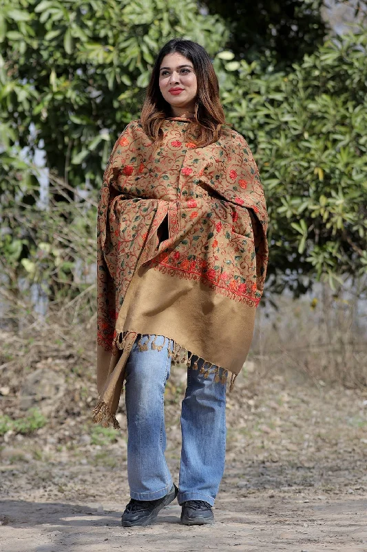 Beige Color Aari Work Embroidered Shawl Enriched With Running Jaal Pattern