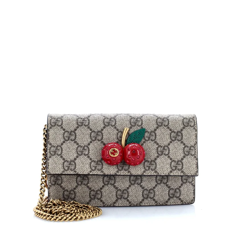 Cherries Wallet on Chain GG Coated Canvas Mini Mesh Canvas Denim