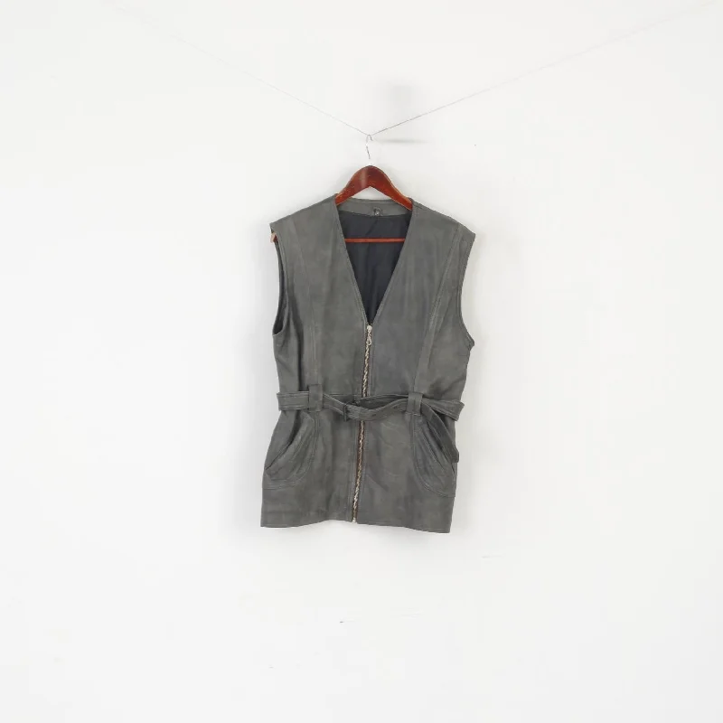 Vintage Women M Waistcoat Gray Leather Belted Retro Zip Up Biker Vest Comfortable Faux Suede Waistcoat Vintage Women M Waistcoat Gray Leather Belted Retro Zip Up Biker Vest Comfortable Faux Suede Waistcoat