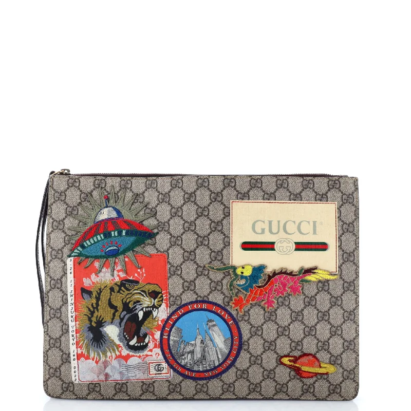 Courrier Messenger Bag GG Coated Canvas with Applique Hook-and-Loop Buckled Tied