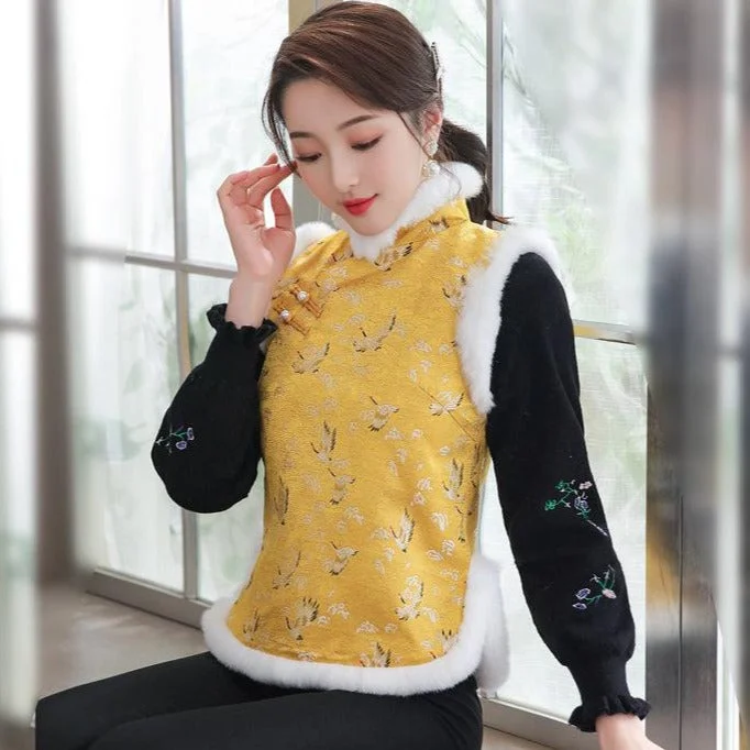 Crane Pattern Brocade Fur Edge Chinese Wadded Waistcoat Vest Cozy Fur-Lined Waistcoat Vest Crane Pattern Brocade Fur Edge Chinese Wadded Waistcoat Vest Cozy Fur-Lined Waistcoat Vest
