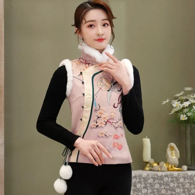 Floral Brocade Stand Collar Fur Edge Chinese Wadded Waistcoat Vest Comfortable Fleece Waistcoat Jacket Floral Brocade Stand Collar Fur Edge Chinese Wadded Waistcoat Vest Comfortable Fleece Waistcoat Jacket