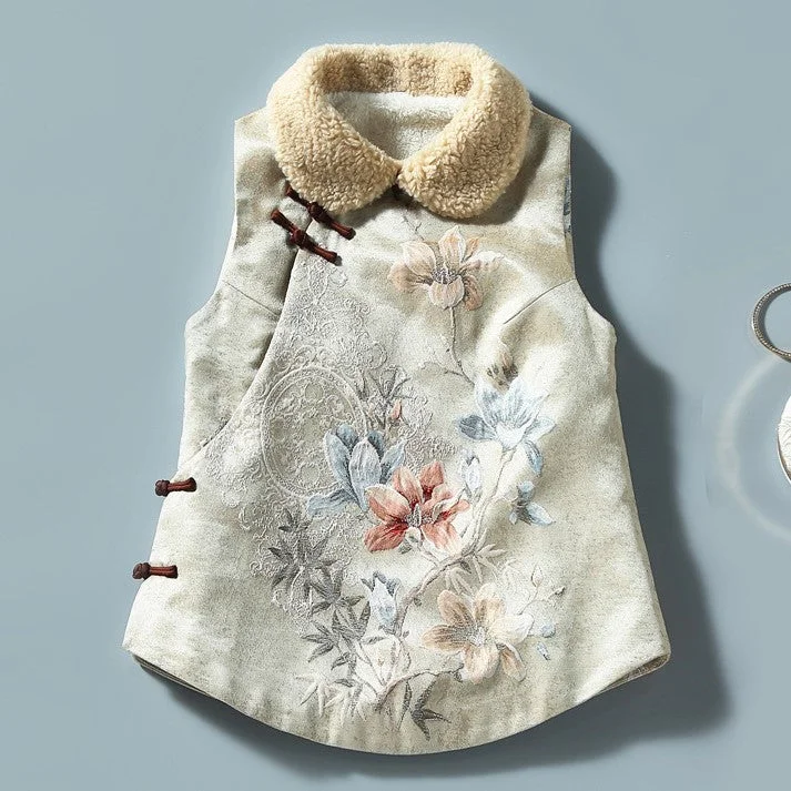 Floral Embroidery Brocade Fur Collar & Cuff Chinese Style Thick Waistcoat Vest Classic Button-Down Waistcoat