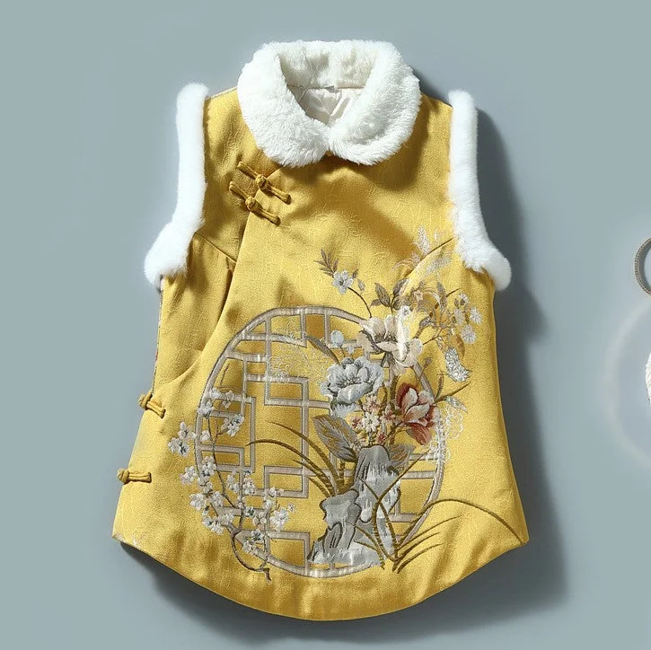 Floral Embroidery Brocade Fur Collar & Cuff Chinese Style Thick Waistcoat Vest Casual Denim Waistcoat Vest Floral Embroidery Brocade Fur Collar & Cuff Chinese Style Thick Waistcoat Vest Casual Denim Waistcoat Vest