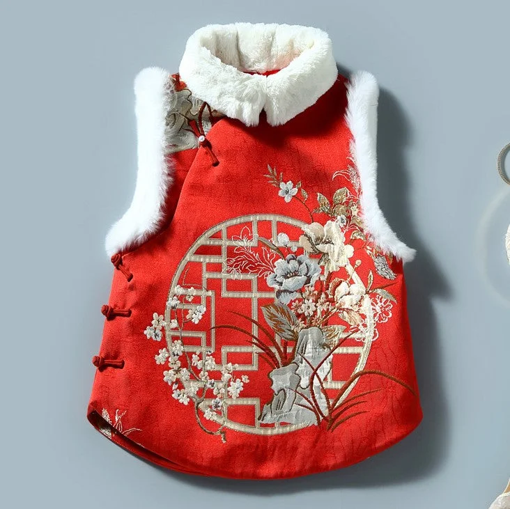 Floral Embroidery Brocade Fur Collar & Cuff Chinese Style Thick Waistcoat Vest Cozy Wool Blend Waistcoat Floral Embroidery Brocade Fur Collar & Cuff Chinese Style Thick Waistcoat Vest Cozy Wool Blend Waistcoat