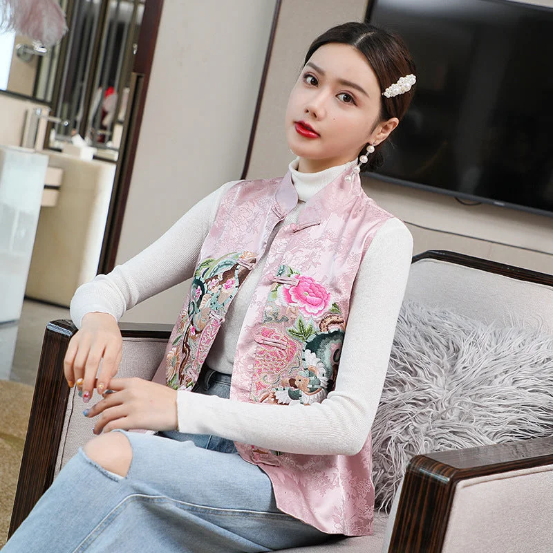 Floral Embroidery & Sequins Chinese Style Waistcoat Vest Modern Slim Fit Waistcoat