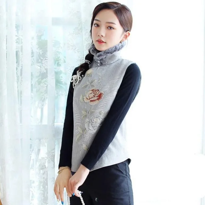 Fur Collar Floral Embroidery Thick Chinese Style Waistcoat Vest Elegant Tailored Waistcoat Vest Fur Collar Floral Embroidery Thick Chinese Style Waistcoat Vest Elegant Tailored Waistcoat Vest