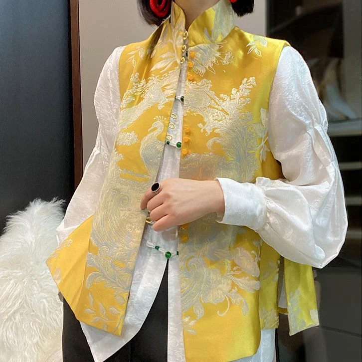 Mandarin Collar Peacock Pattern Brocade Chinese Style Waistcoat Vest Elegant Cashmere Waistcoat Vest Mandarin Collar Peacock Pattern Brocade Chinese Style Waistcoat Vest Elegant Cashmere Waistcoat Vest