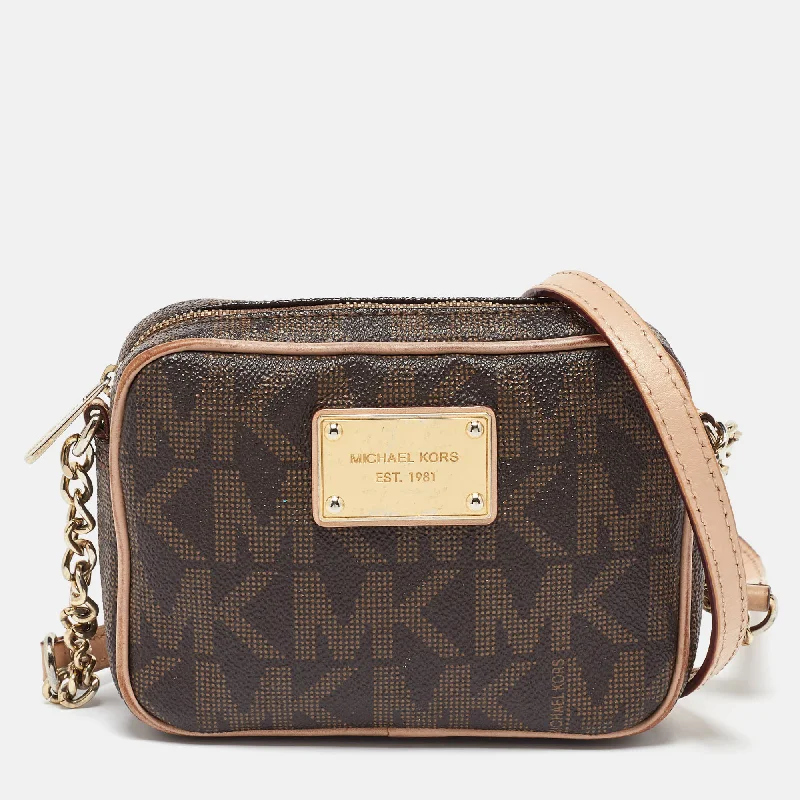 Michael Kors Beige/brown Signature Coated Canvas And Leather Mini Camera Crossbody Bag Trim Padded Insulated Michael Kors Beige/brown Signature Coated Canvas And Leather Mini Camera Crossbody Bag Trim Padded Insulated