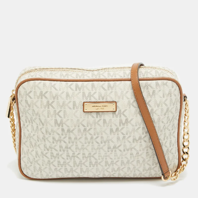 Michael Kors Off White/brown Signature Coated Canvas And Leather East/west Crossbody Bag Fitted Loose Oversized Michael Kors Off White/brown Signature Coated Canvas And Leather East/west Crossbody Bag Fitted Loose Oversized