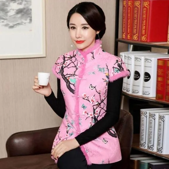 Stand Collar & Fur Edge Floral Chinese Style Wadded Waistcoat Vest Comfortable Wool Waistcoat Jacket Stand Collar & Fur Edge Floral Chinese Style Wadded Waistcoat Vest Comfortable Wool Waistcoat Jacket