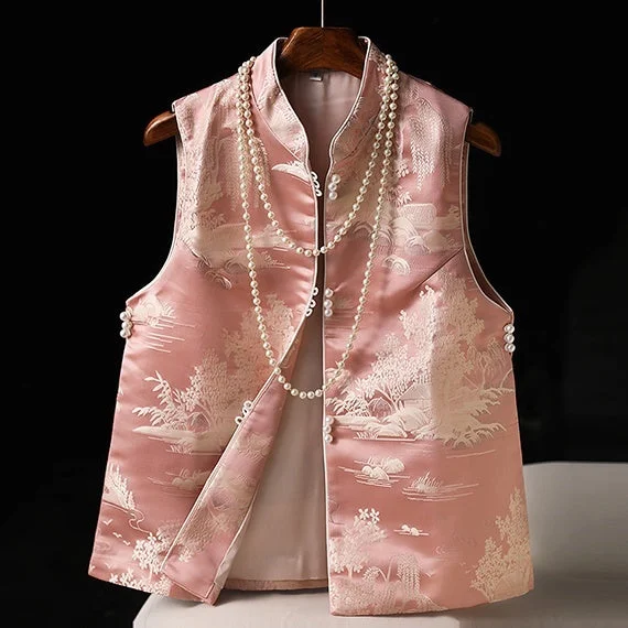Traditional Chinese Stand Collar Vintage Vest Brocade Jacquard Waistcoat for Young Women Elegant Longline Waistcoat Vest Traditional Chinese Stand Collar Vintage Vest Brocade Jacquard Waistcoat for Young Women Elegant Longline Waistcoat Vest