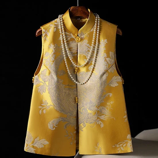 Traditional Chinese Stand Collar Vintage Vest Brocade Jacquard Waistcoat for Young Women Stylish Tweed Waistcoat Jacket Traditional Chinese Stand Collar Vintage Vest Brocade Jacquard Waistcoat for Young Women Stylish Tweed Waistcoat Jacket