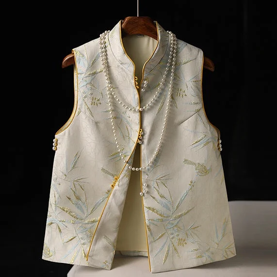 Traditional Chinese Stand Collar Vintage Vest Brocade Jacquard Waistcoat for Young Women Trendy Zip-Up Waistcoat Jacket