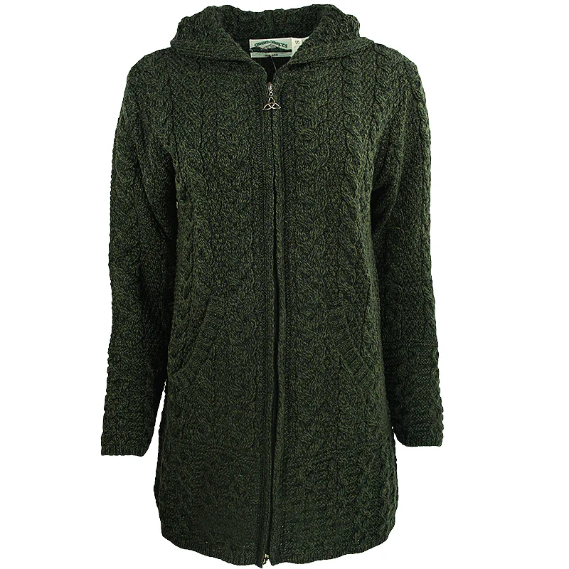 Hooded Full Zip Merino Wool Coat Three-Quarter Sleeve Elbow Sleeve Wrist Sleeve