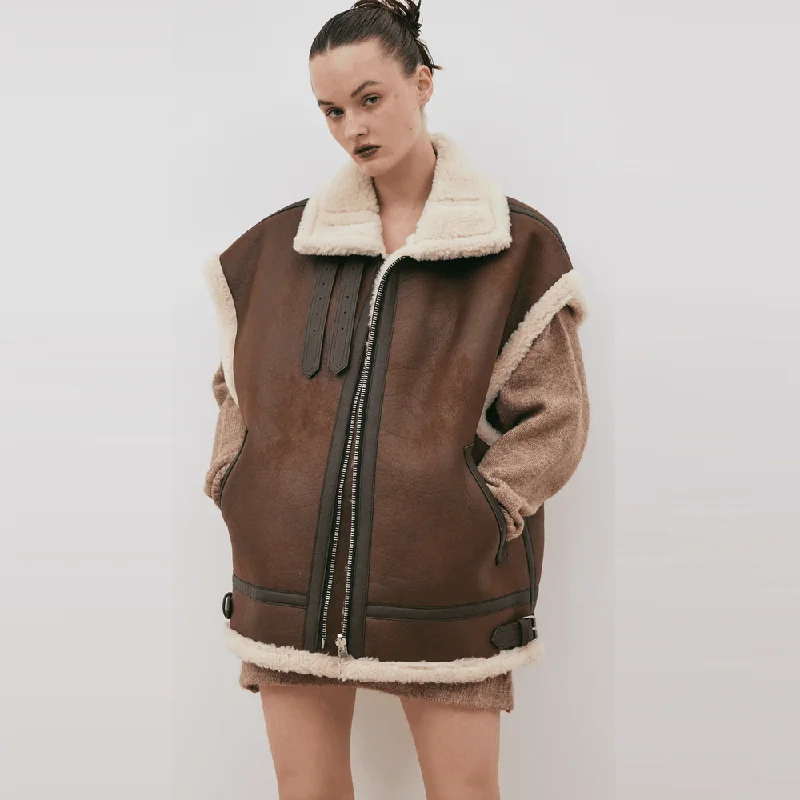 Aviator Sheepskin Brown Leather Vest Lightweight Utility Vest