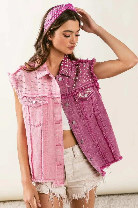 BiBi Pearl & Rhinestone  Decor Contrast Raw Hem Vest Coat Trim Padded Insulated