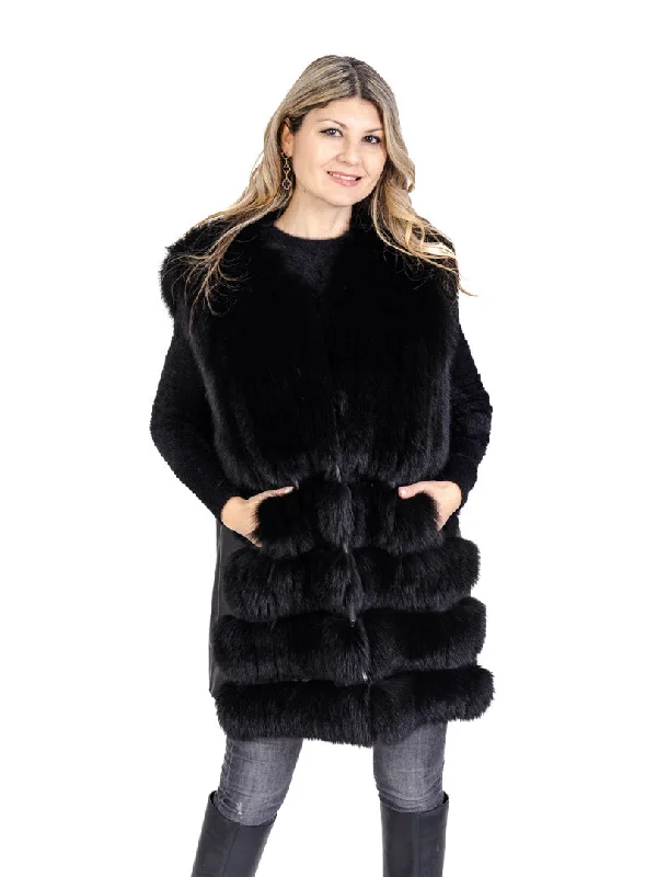 Black Fox Fur and Leather Vest Fur-Lined Vest Coat
