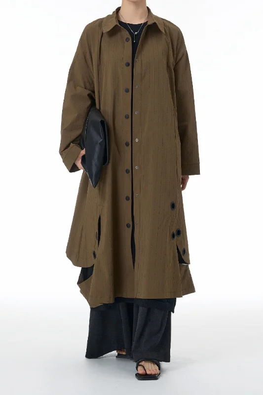 Brown Textured Eyelet Streetwear Trench Coat