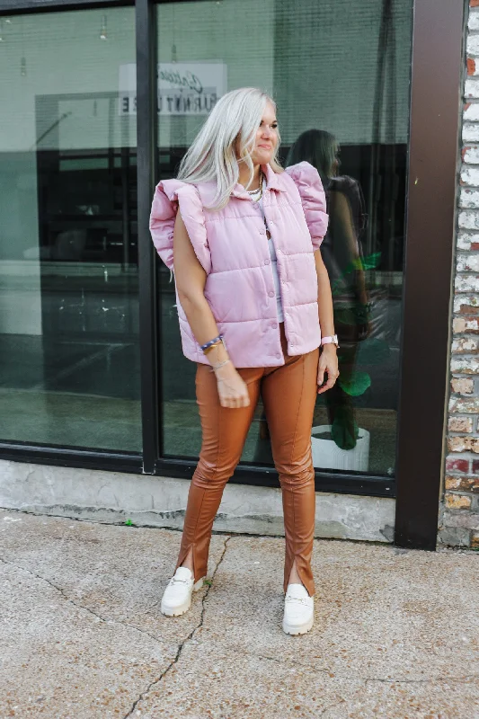 Call Me Crazy Blush Ruffle Puffer Vest Turtleneck Knit Vest