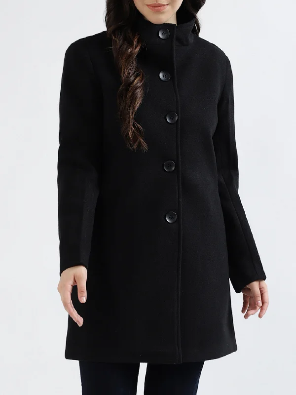Centre Stage Women Solid High Neck Full Sleeves Overcoat Mesh Canvas Denim