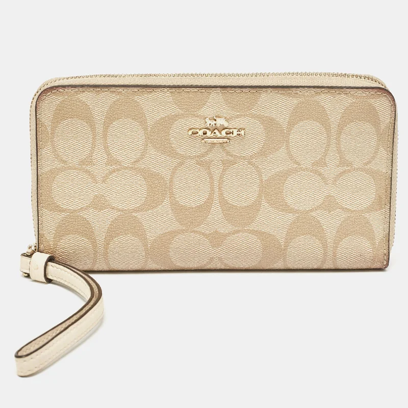 Coach Beige Siganture Coated Canvas And Leather Zip Around Wristlet Wallet