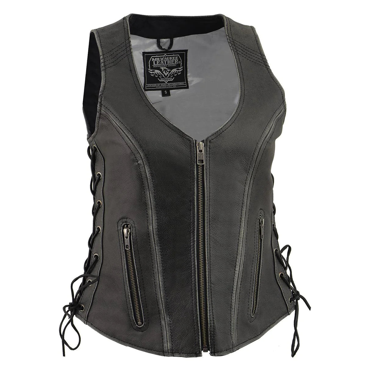 Women's Distressed Grey ‘Open Neck’ Leather Vest with Side Laces Elegant Checkered Vest Women's Distressed Grey ‘Open Neck’ Leather Vest with Side Laces Elegant Checkered Vest