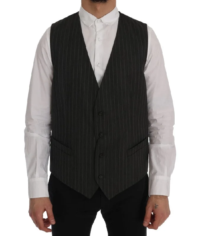 Elegant Striped Gray Wool Blend Waistcoat Vest Classic Longline Waistcoat Vest