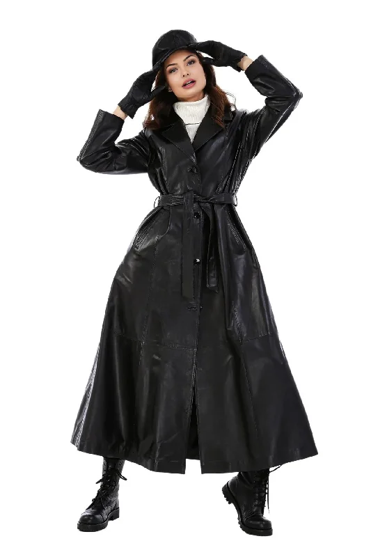 Elsei Black Long Leather Coat With Center Belt For Women