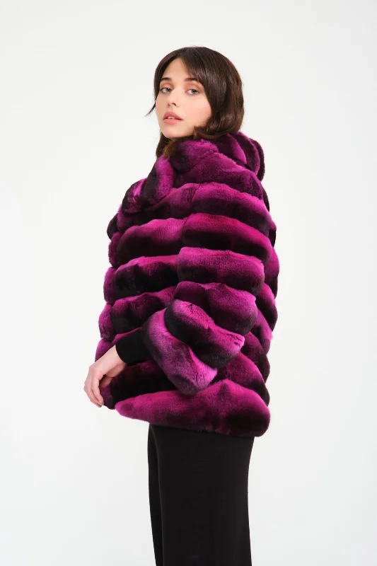 Fuchsia Chinchilla Fur Coat Sequined Lace Ribbed