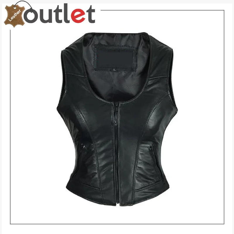 High Mileage Women's black Leather Vest Padded Quilted Vest