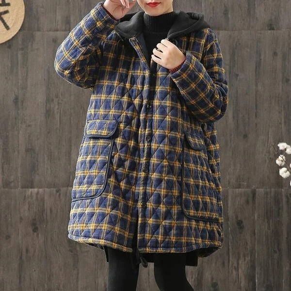 Hooded Plaid Parkas Vintage Button Coats Loose 2020 Pockets Female Casual Warm Parkas Coats