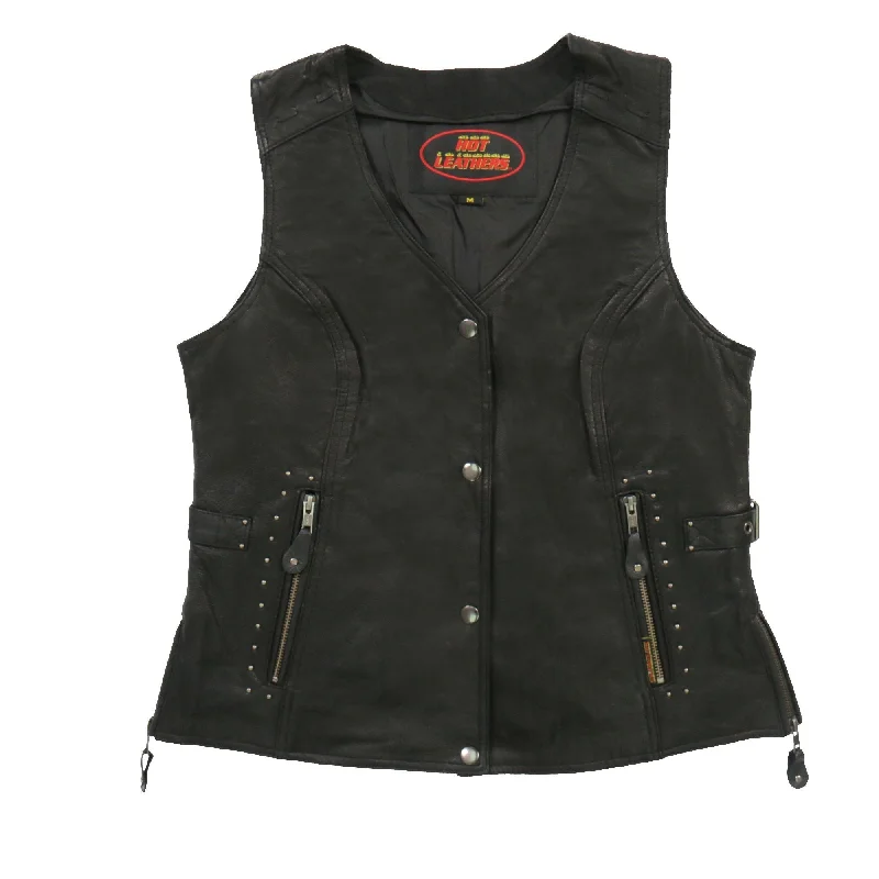 Hot Leathers VSL1014 Ladies Black Leather Vest with Fringe Quilted Hooded Vest