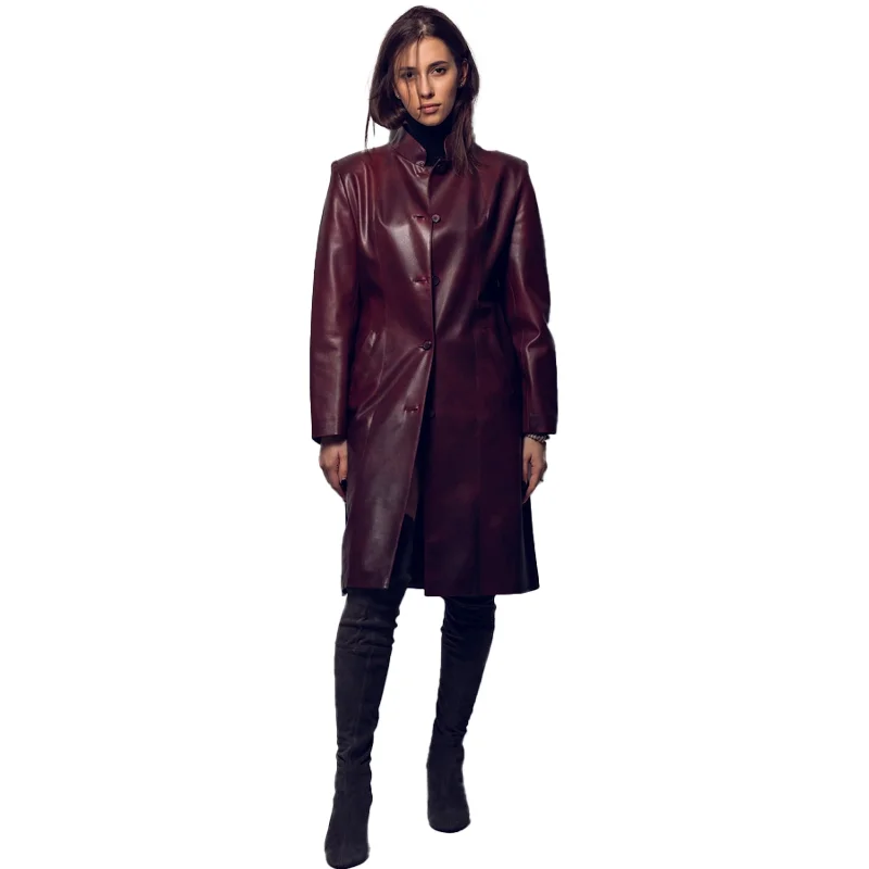 Kasper Women's Genuine Leather Long Coat Burgundy Bodycon Sheath Shift