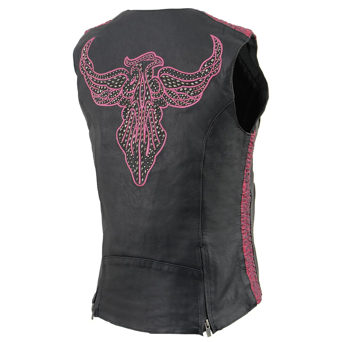 Ladies Black and Fuchsia 'Studded Phoenix' Leather Vest Soft Velvet Vest