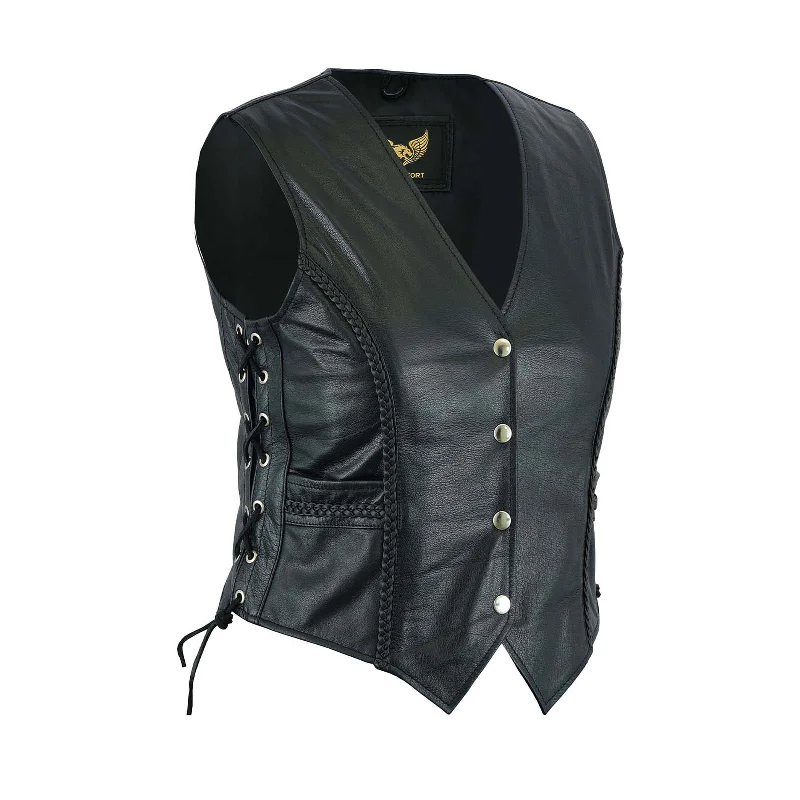 Women Black Braided Leather Waistcoat Side Lace Vest Chic Fleece Waistcoat Jacket
