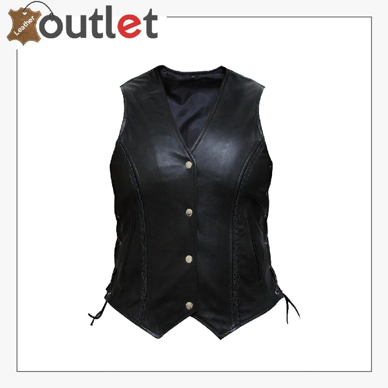 Ladies New Motorcycle Biker Soft Leather Vest Waistcoat Classic Fitted Waistcoat Jacket