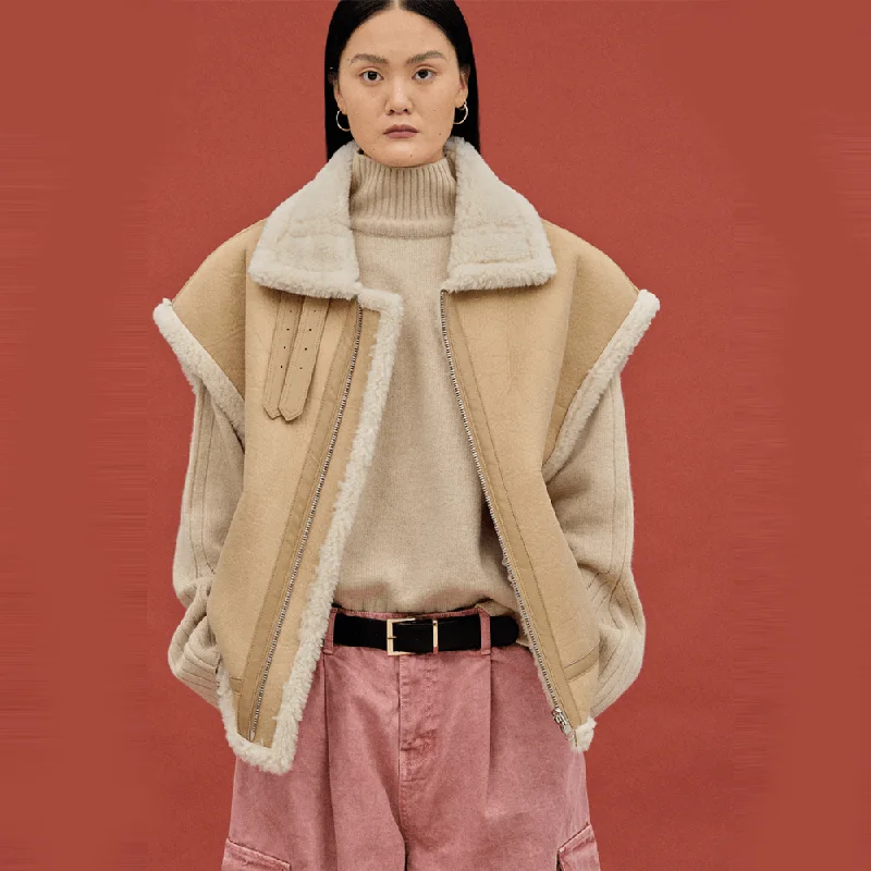 Ladies Sheepskin Shearling Leather Vest Warm Wool-Blend Vest
