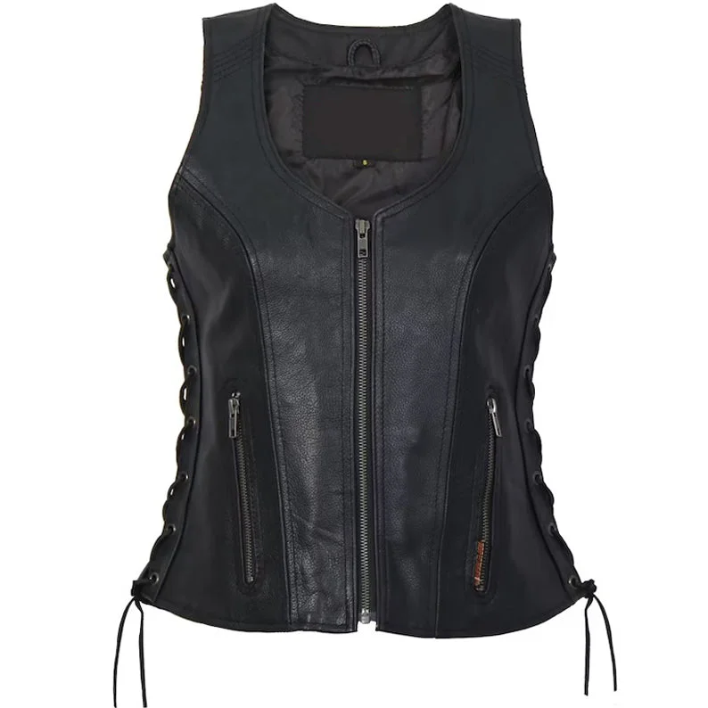 Ladies Side Lace Zip Up Hot Leathers Leather Vest Collared Sleeveless Coat