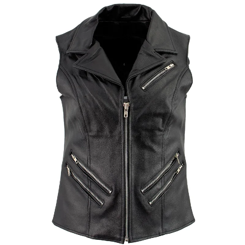 Ladies XS773 Black Zippered M/C Lapel Leather Vest Slim Fit Vest