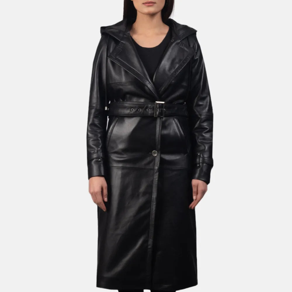 Hooded Black Leather Trench Coats