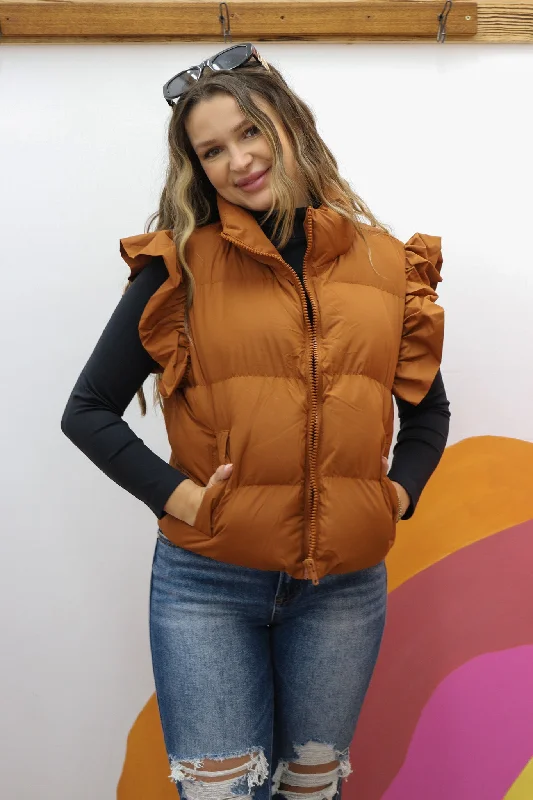 Match My Style Rust Brown Puffer Vest Belted Waist Vest
