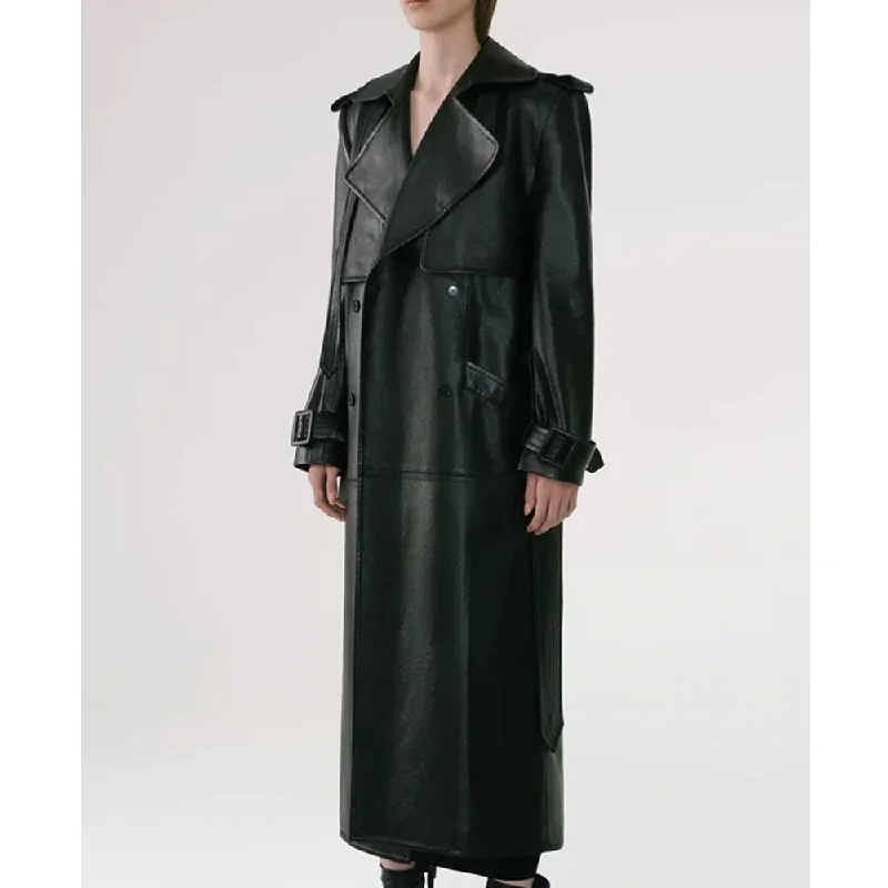 New Women Black Lambskin Duster Leather Trench Coat