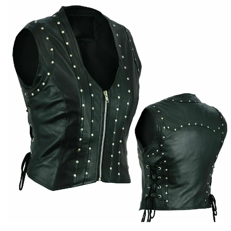 Punk Women Genuine Motorcycle Leather Vest Classic Double-Breasted Vest