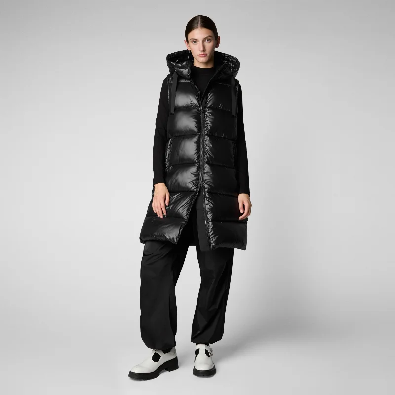 Women's Hooded Animal free Puffer Vest Iria in Black Chic Faux Suede Vest