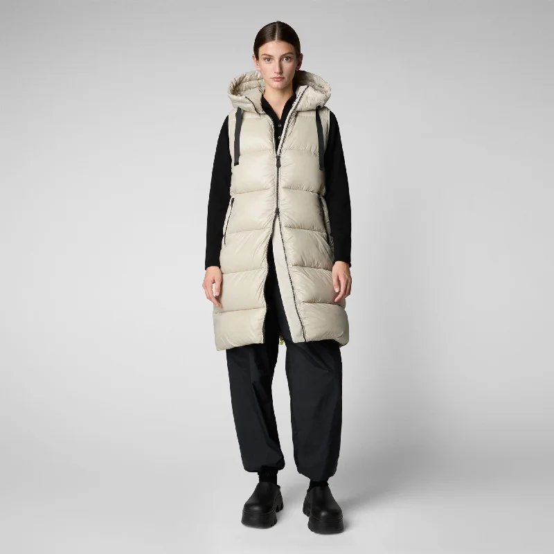 Women's Hooded Animal free Puffer Vest Iria in Rainy Beige Vintage-Inspired Vest