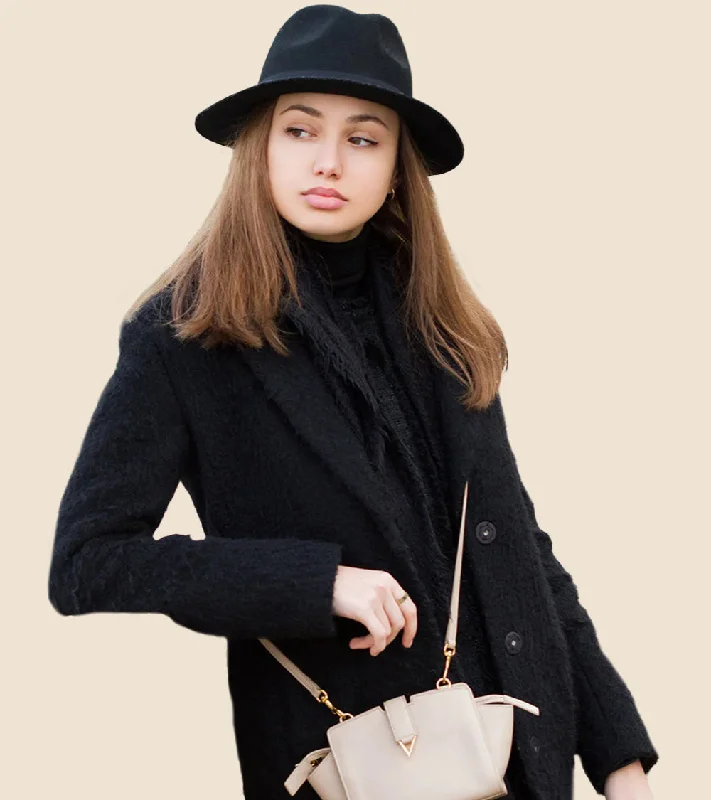 Women Black Longline Overcoat Shawl Collar Notch Collar Lapel Collar