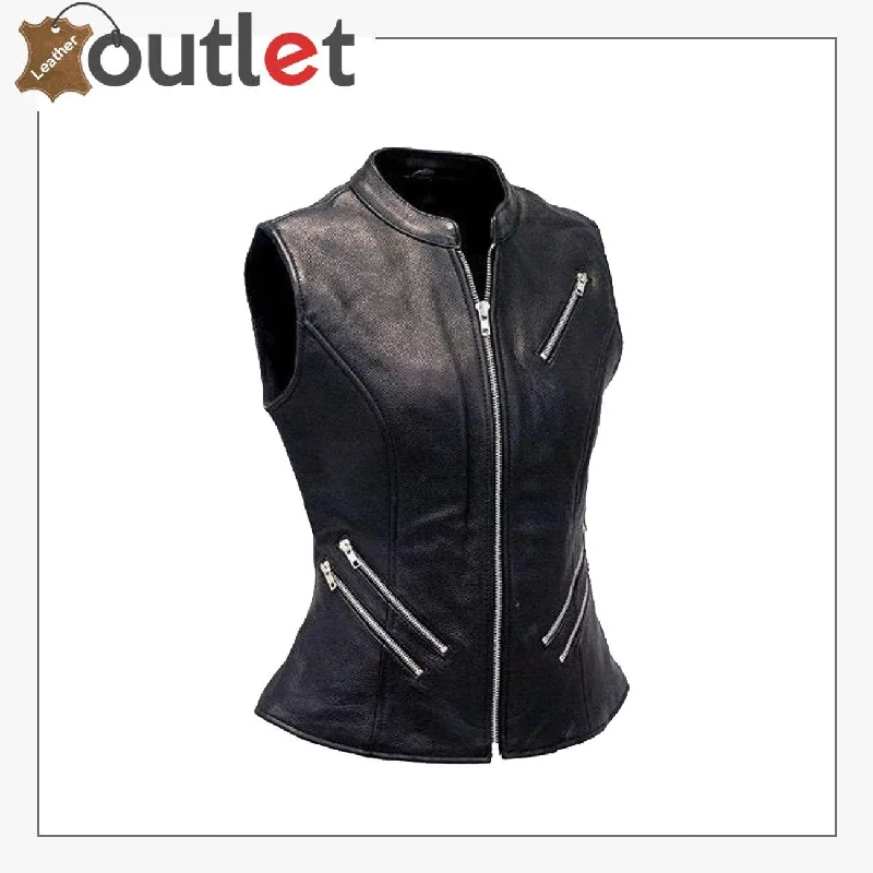 Women Black Zipper Genuine Lambskin Leather Vest Classic Wool Vest