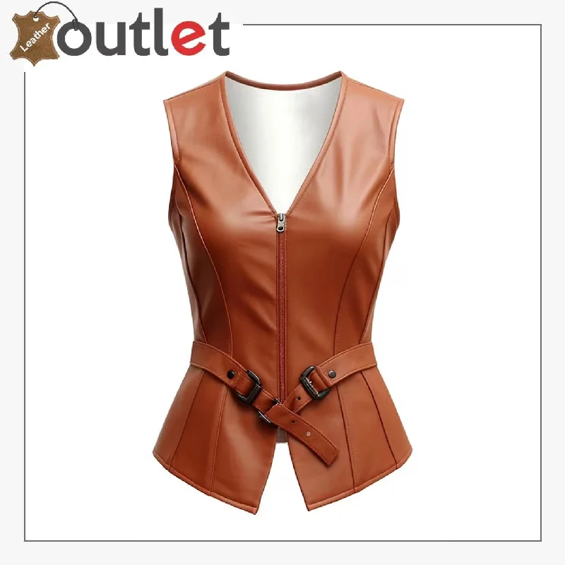 Women Brown Leather Vest Street Style Vest